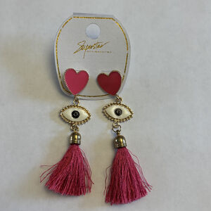 Superstar Accessories Pink Heart Evil Eye Fringe Tassel Earrings NWT